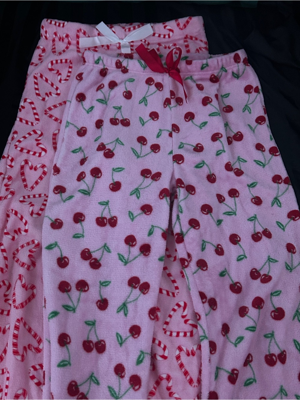 refuge Pink Cherry Print Fleece Pajama Bottoms with Red Accents